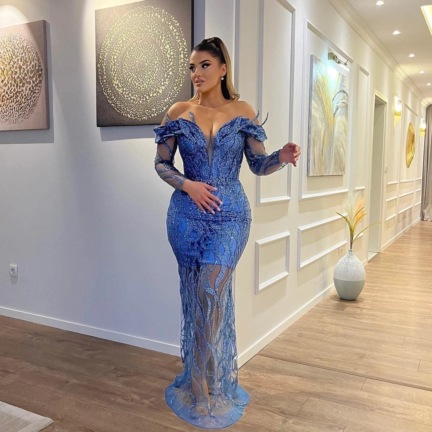 Sexy Long Mermaid Off the Shoulder Tulle Lace Formal Evening Dresses