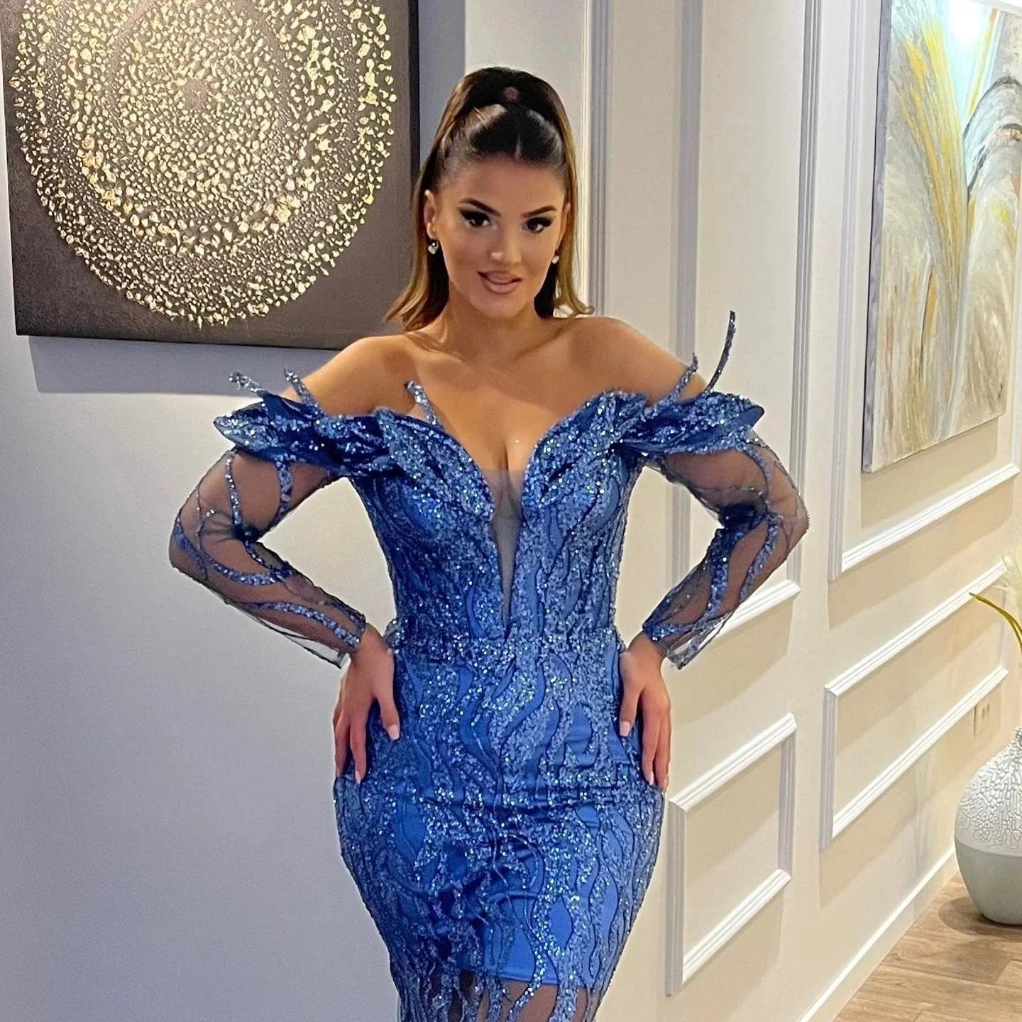 Sexy Long Mermaid Off the Shoulder Tulle Lace Formal Evening Dresses