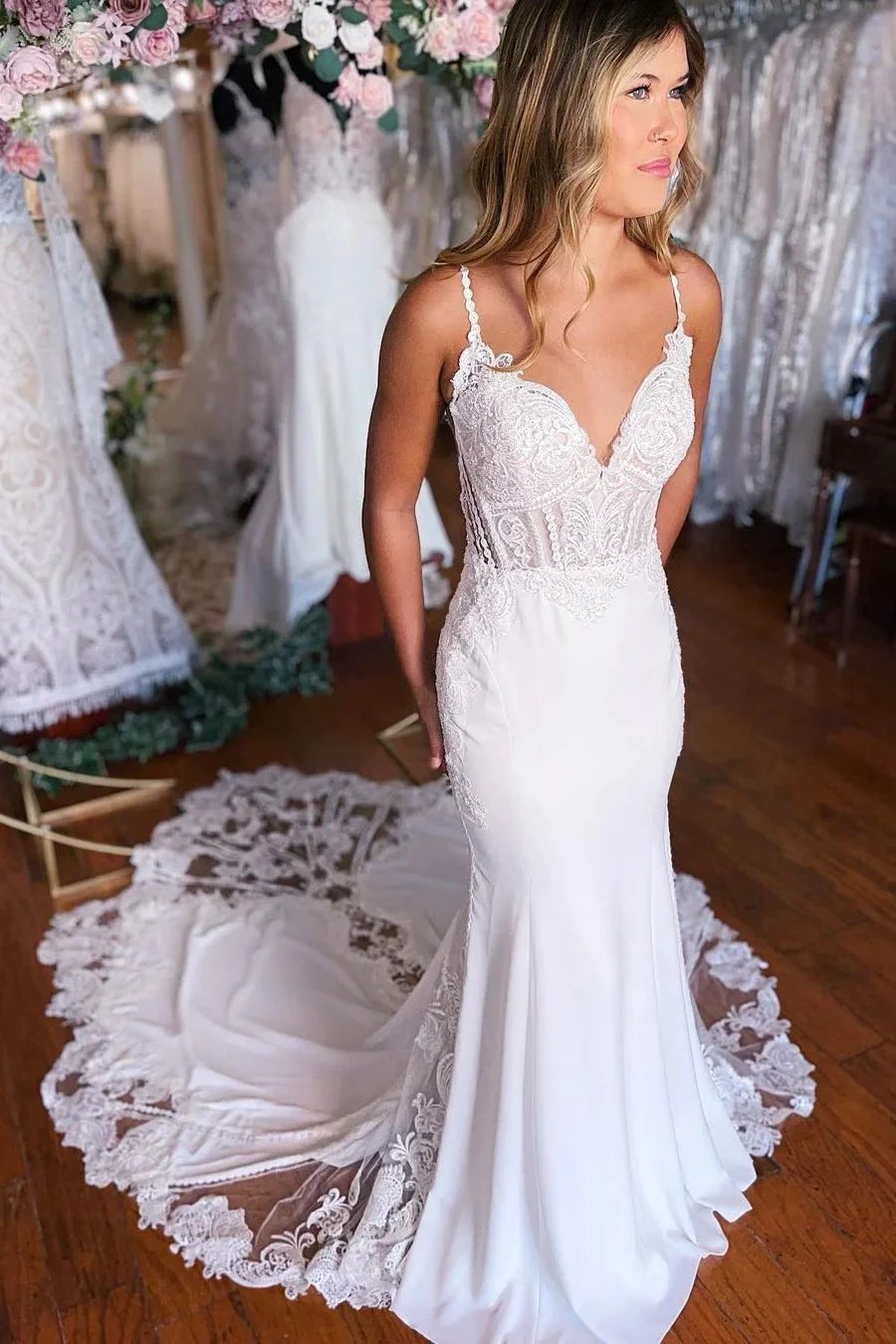 Sexy Long Mermaid Spaghetti Straps Lace Backless Wedding Dress With Train