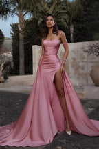 Sexy Long Mermaid Strapless Ruched Satin Formal Prom Dress with Slit