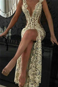 Sexy Long Mermaid V-neck Lace Prom Dress With Slit
