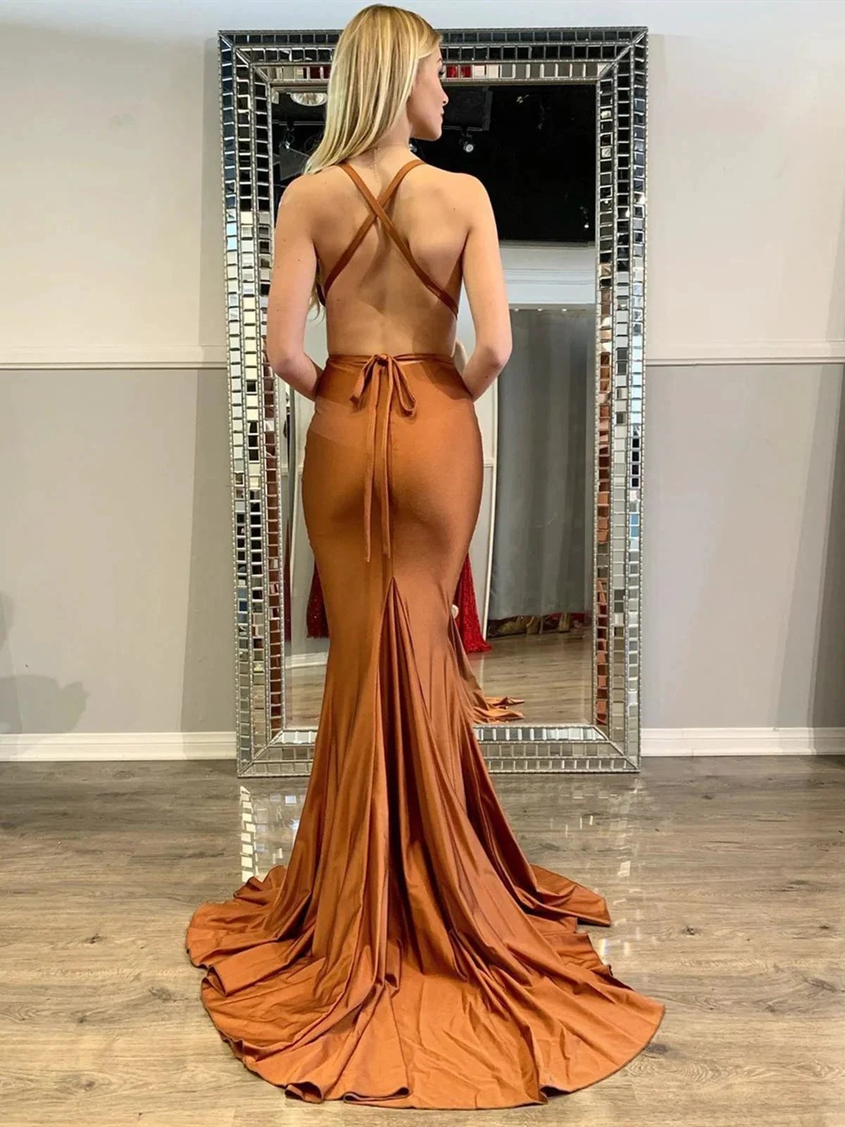 Sexy Long Mermaid V-neck Satin Open Back Graduation Formal Prom Dresses