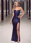 Sexy Long Mermaid V-neck Sequined Prom Dresses with Slit