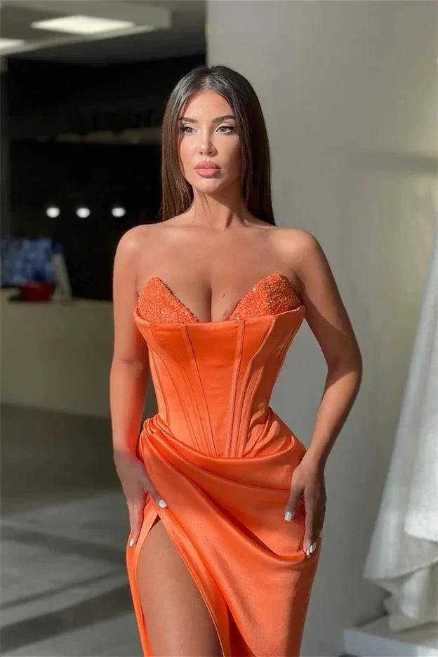 Sexy Long Orange V-neck Sequined Sleeveless Prom Dress With Slit
