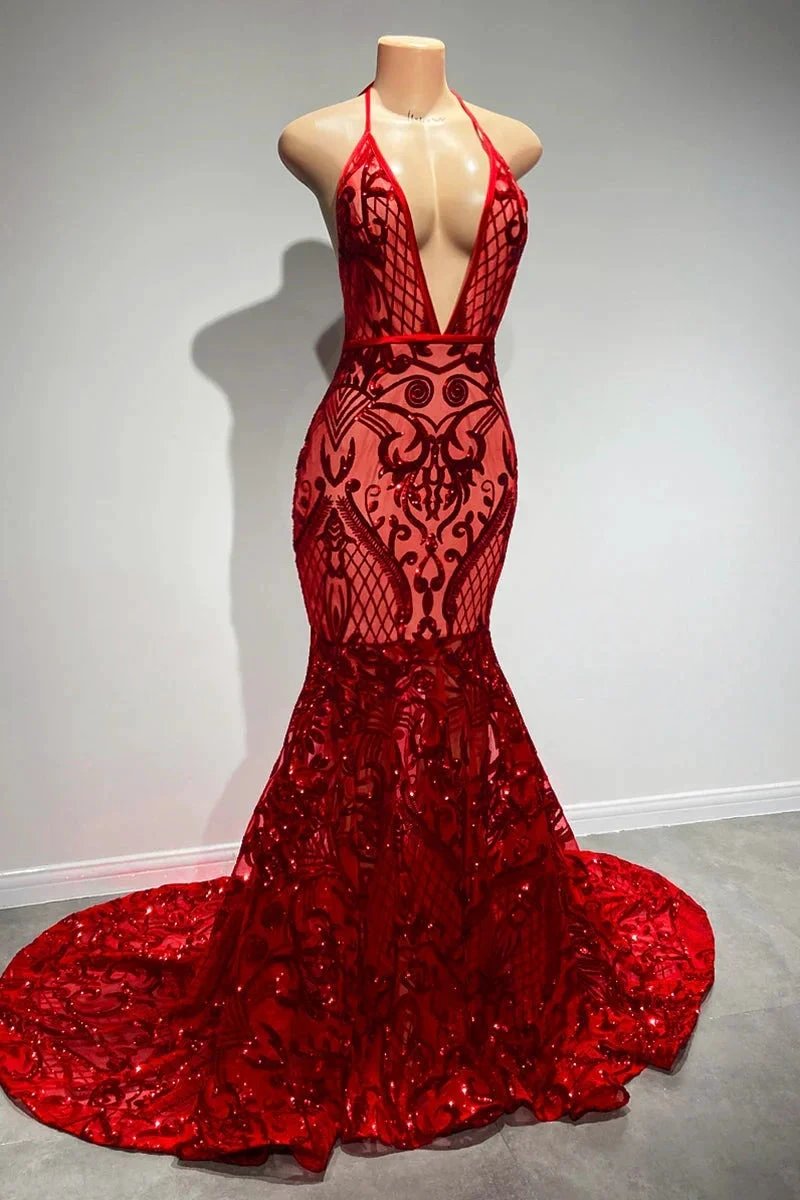 Sexy Long Red Halter Backless V-neck Lace Sleeveless Mermaid Prom Dress