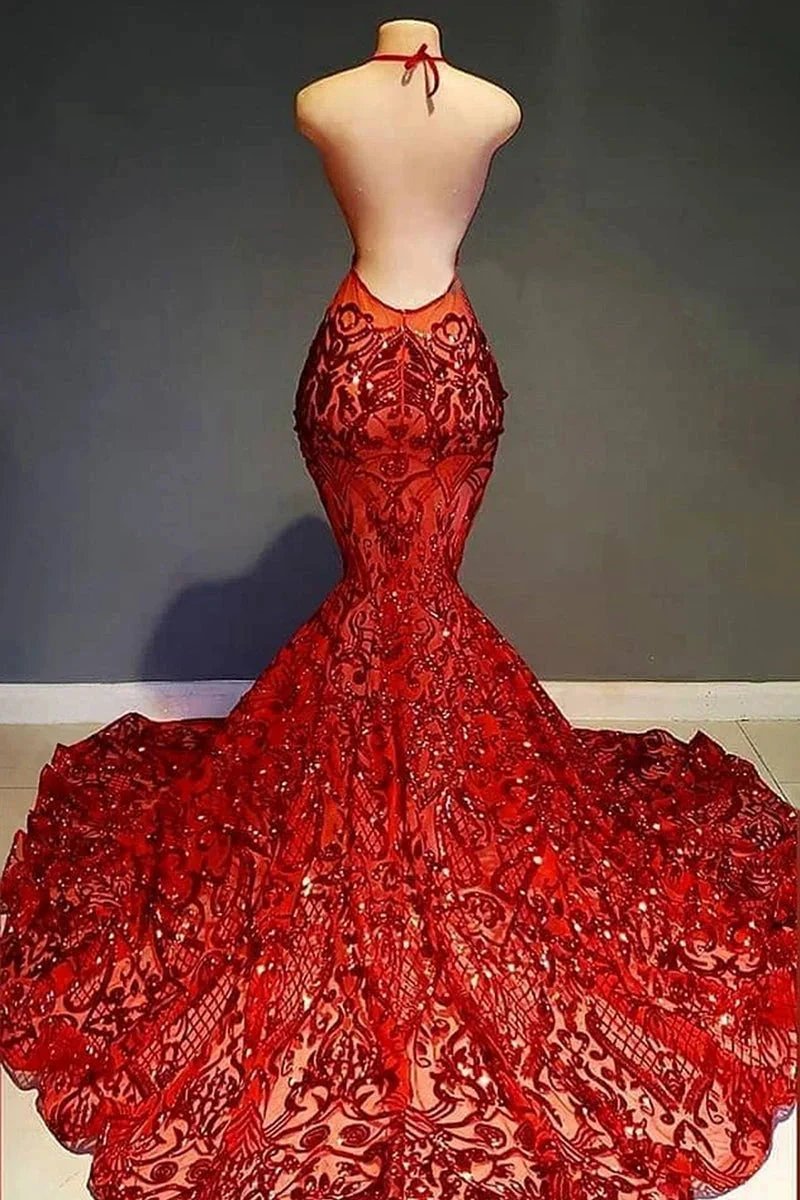 Sexy Long Red Halter Backless V-neck Lace Sleeveless Mermaid Prom Dress