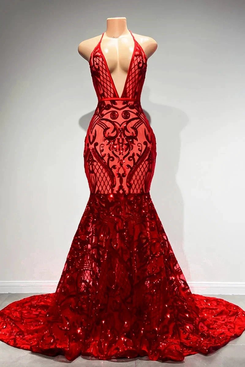 Sexy Long Red Halter Backless V-neck Lace Sleeveless Mermaid Prom Dress