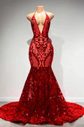 Sexy Long Red Halter Backless V-neck Lace Sleeveless Mermaid Prom Dress