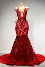 Sexy Long Red Halter Backless V-neck Lace Sleeveless Mermaid Prom Dress