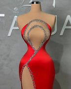 Sexy Long Red Mermaid Beading Sleeveless Prom Dress With Slit