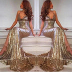 Sexy Long V-neck Open Back Sequins Mermaid Prom Dress with Slit