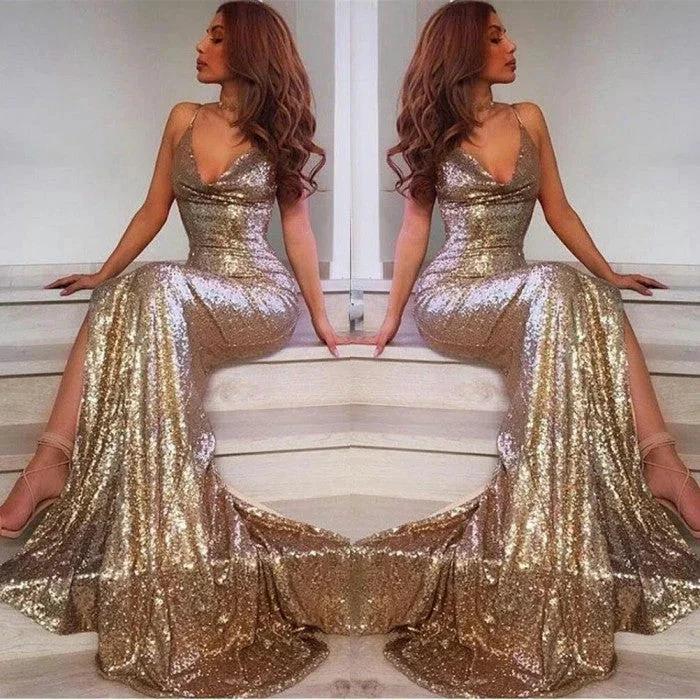 Sexy Long V-neck Open Back Sequins Mermaid Prom Dress with Slit