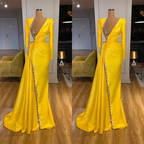 Sexy Long Yellow V-neck Sequined Split Prom Dress With Long Sleeves