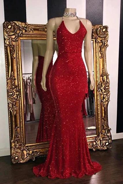 Sexy Mermaid Halter Sequins Red Long Prom Dresses