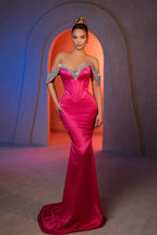 Sexy Mermaid Off-the-shoulder Sleeveless Rhinestone Satin Prom Dresses