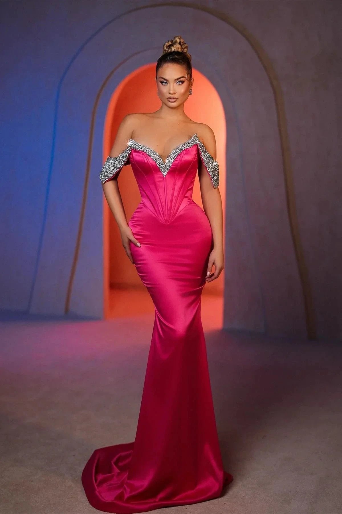 Sexy Mermaid Off-the-shoulder Sleeveless Rhinestone Satin Prom Dresses
