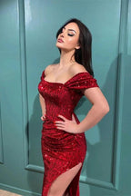 Sexy Off The Shoulder Front-Split Prom Dresses With Long Sleeves
