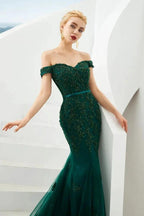 Sexy Off the Shoulder Mermaid Evening Party Gown Backless Tulle Prom Dress