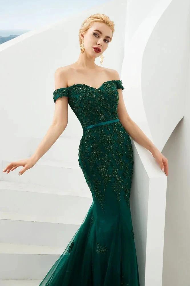 Sexy Off the Shoulder Mermaid Evening Party Gown Backless Tulle Prom Dress