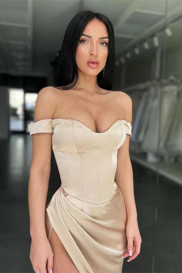 Sexy Off-the-Shoulder Side Slit Satin Long Prom Dress