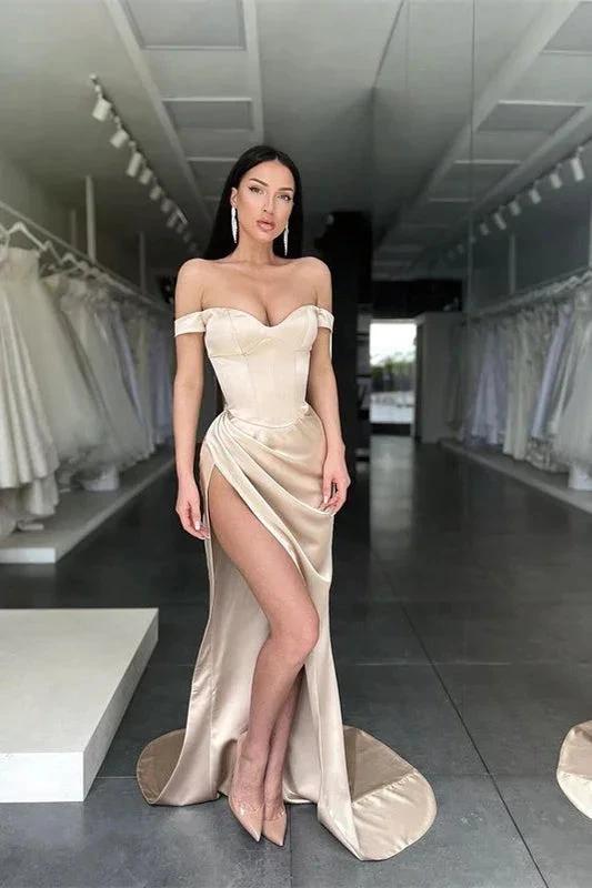 Sexy Off-the-Shoulder Side Slit Satin Long Prom Dress