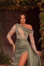 Sexy One Shoulder Beading Split Evening Dresses Long Prom Dresses With Long Sleeves
