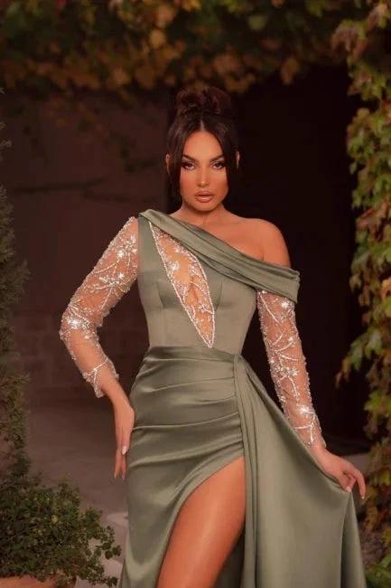 Sexy One Shoulder Beading Split Evening Dresses Long Prom Dresses With Long Sleeves
