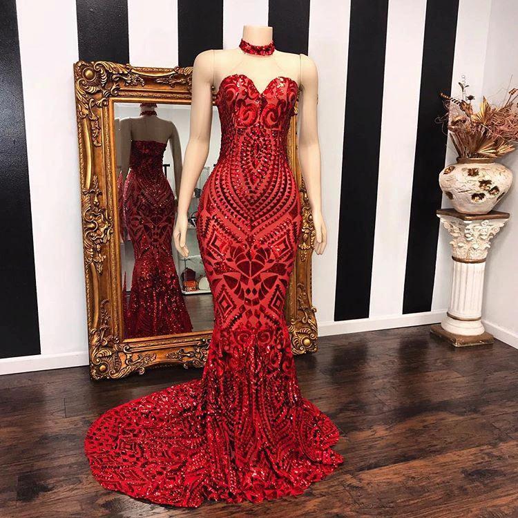 Sexy Red Sequins Mermaid Sweetheart Long Evening Gowns