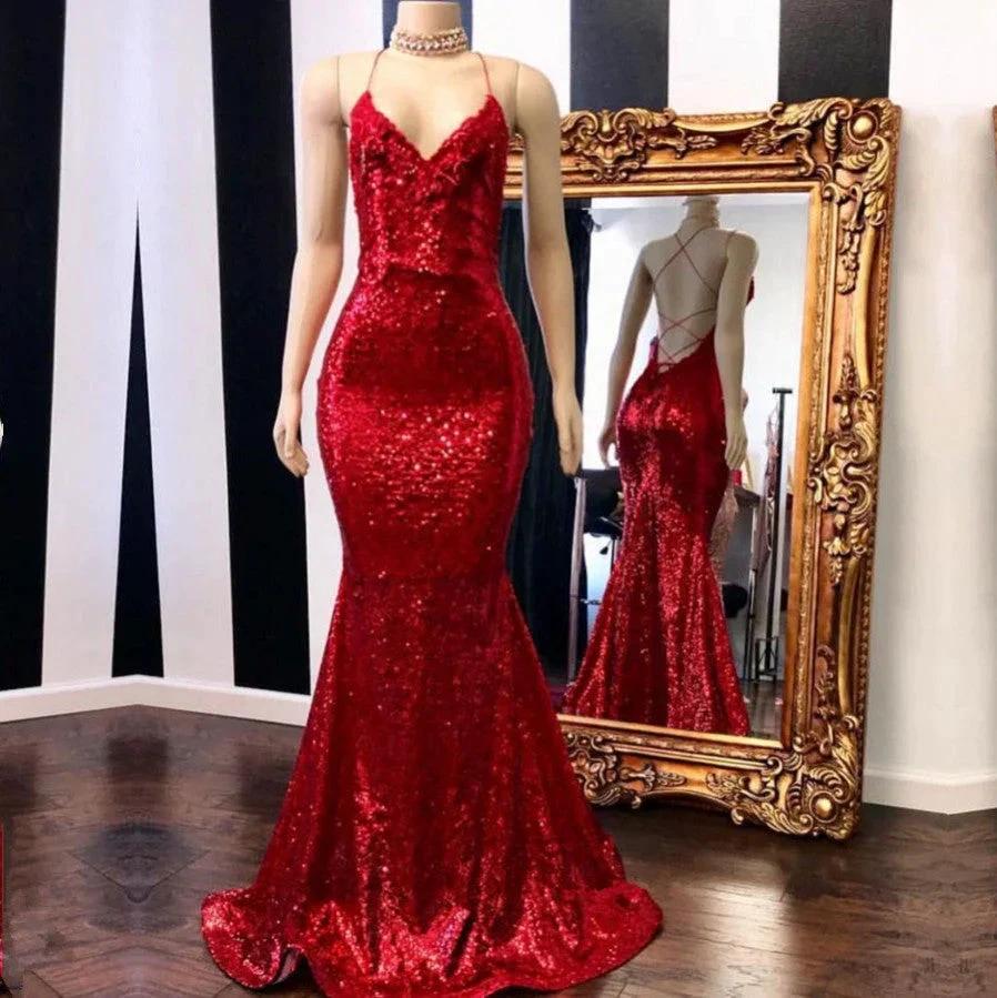 Sexy Red Sequins Spaghetti Straps Mermaid Evening Gowns