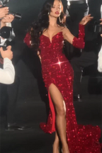 Sexy Red V-neck Sleeveless Sequined Split Front Mermaid Prom Dress