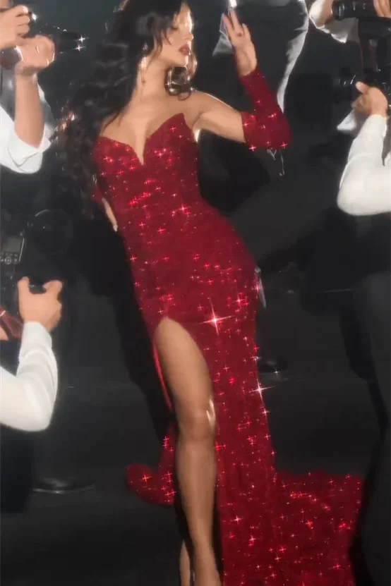 Sexy Red V-neck Sleeveless Sequined Split Front Mermaid Prom Dress