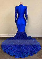 Sexy Royal Blue Long Mermaid V Neck Prom Dresses with Sleeves