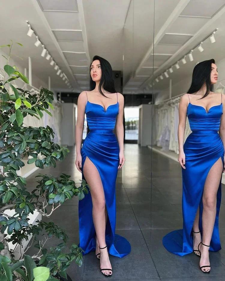 Sexy Royal Blue Spaghetti-Straps Mermaid Prom Dresses With Split