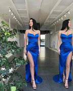 Sexy Royal Blue Spaghetti-Straps Mermaid Prom Dresses With Split