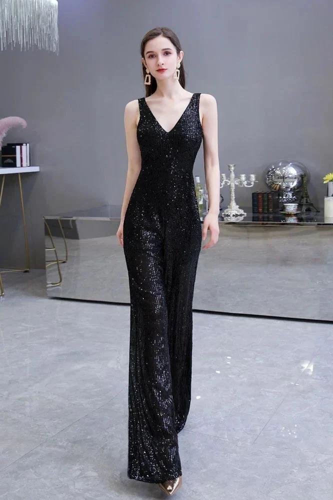 Sexy Shining V-neck Silver Sequin Sleeveless Prom Jumpsuit