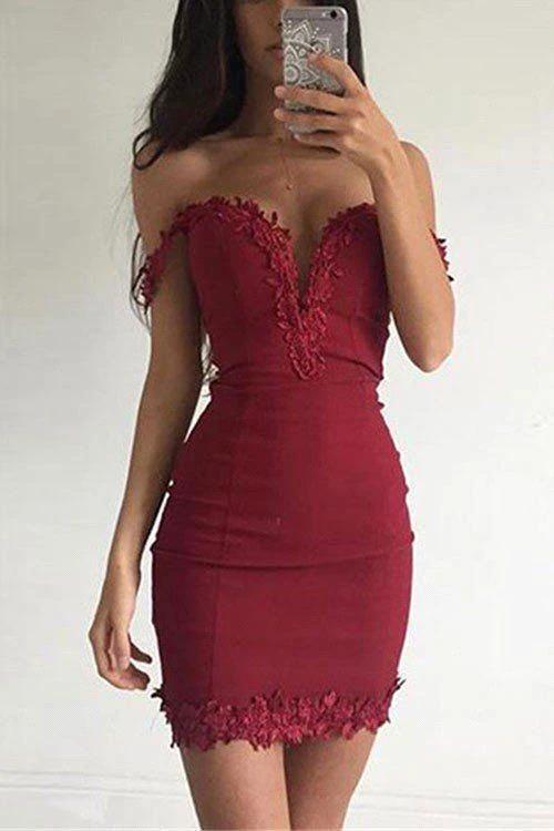 Sexy Short Sheath Off-the-shoulder Burgundy Prom Dress