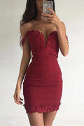 Sexy Short Sheath Off-the-shoulder Burgundy Prom Dress