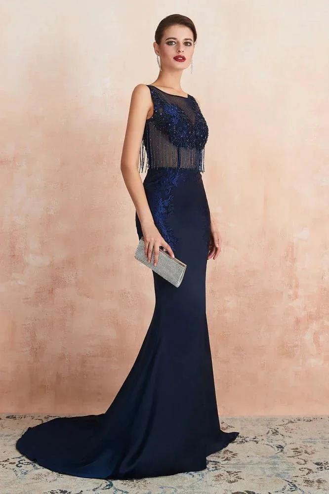 Sexy Sleeveless Mermaid Prom Dress Backless Satin Sparkly Sequins Evening Gown