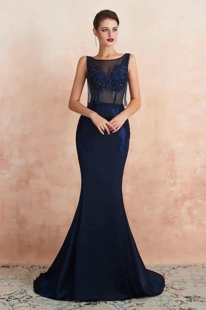 Sexy Sleeveless Mermaid Prom Dress Backless Satin Sparkly Sequins Evening Gown