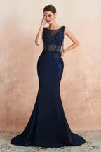 Sexy Sleeveless Mermaid Prom Dress Backless Satin Sparkly Sequins Evening Gown