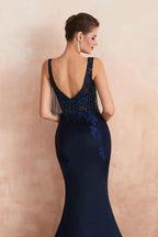 Sexy Sleeveless Mermaid Prom Dress Backless Satin Sparkly Sequins Evening Gown