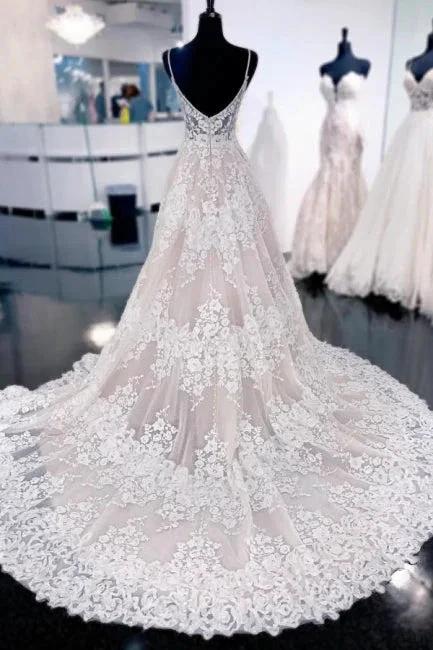 Sexy Spaghetti Straps Sleeveless A-Line Lace Backless Wedding Dresses With Train