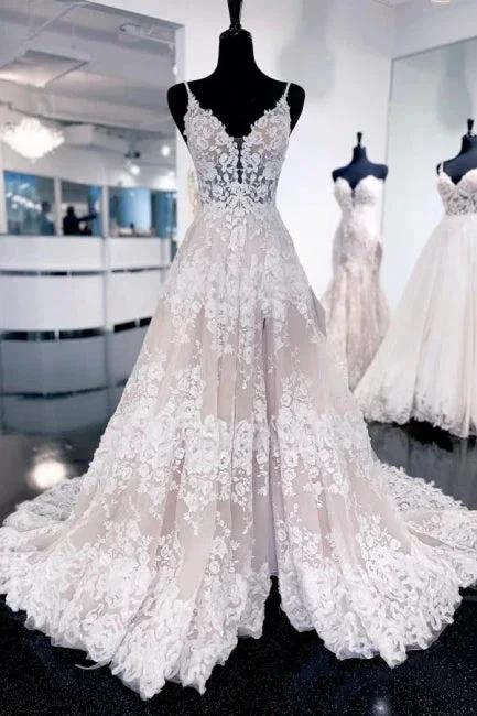 Sexy Spaghetti Straps Sleeveless A-Line Lace Backless Wedding Dresses With Train