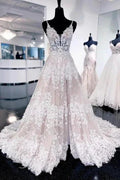 Sexy Spaghetti Straps Sleeveless A-Line Lace Backless Wedding Dresses With Train