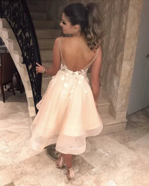 Sexy Spaghetti Straps V Neck Homecoming Dress Appliques Flowers Short Homecoming Dress