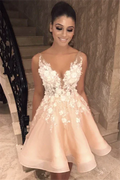 Sexy Spaghetti Straps V Neck Homecoming Dress Appliques Flowers Short Homecoming Dress