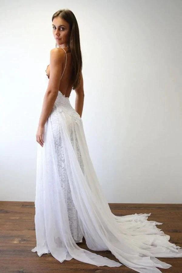 Sexy Spaghetti Straps White Long Beach Wedding Dress  WD5013