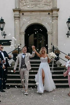 Sexy Strapless Sleeveless Column Floor-Length Tulle Wedding Dresses with Appliques