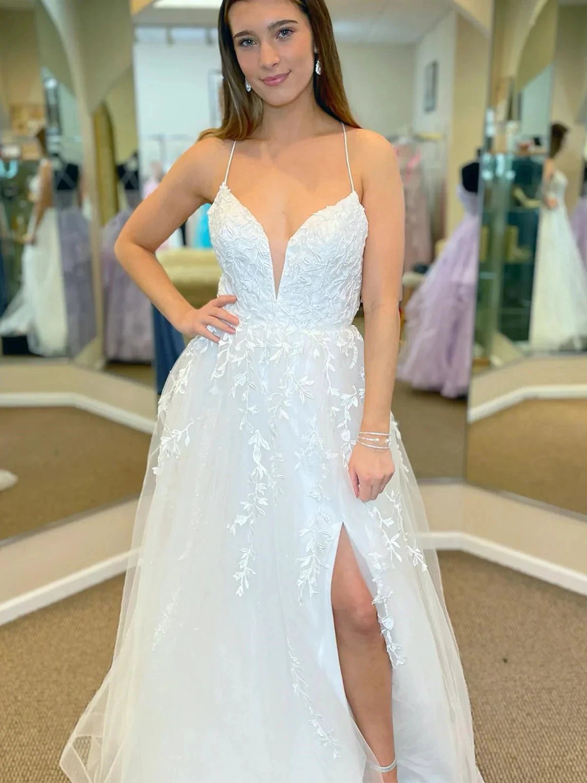 Sexy White Long A Line V Neck Lace Tulle Prom Dresses with Slit