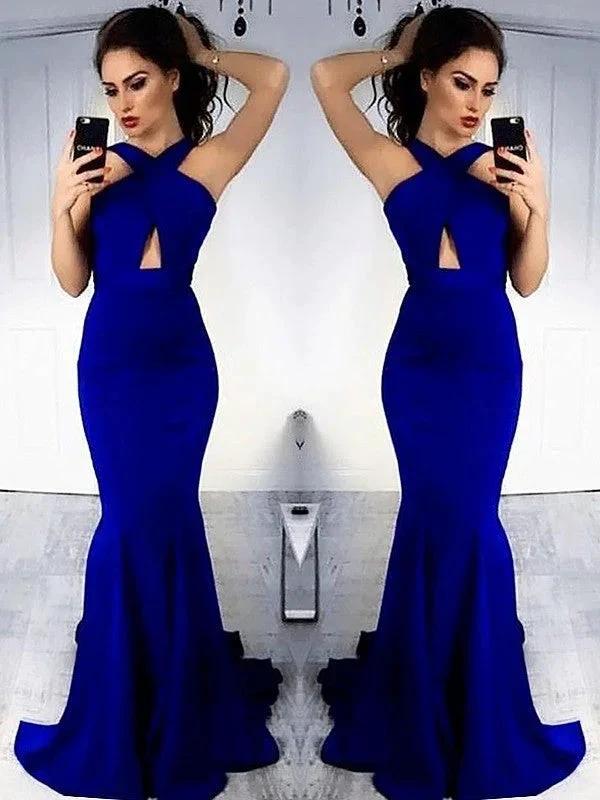 Sheath Halter Sleeveless With Ruched Satin Prom Dresses